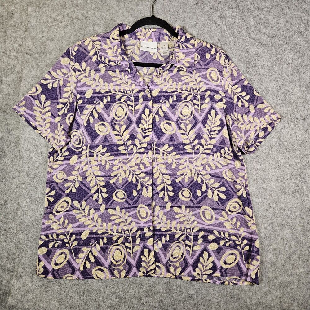 Alfred Dunner Womens Plus Purple Floral Leaf Short Sleeve Button Up Shirt Sz 16
